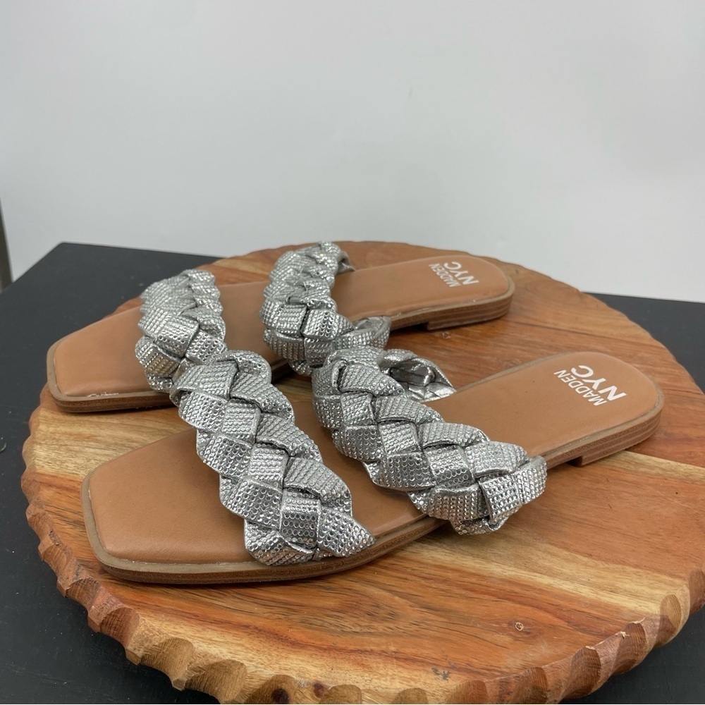 Madden NYC silver braided rhinestone slide sandals‎ size 9.5 bling flats